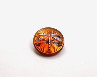 1pc Czech Hand Made Art Glass Button Cabochon Dragonfly Round 18mm Topaz (15070silver)