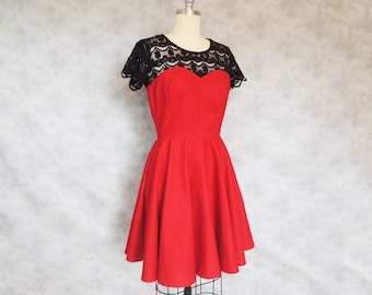 SALE Red Wine Dress - Black Lace, Sweetheart Neckline, Full Skirt,
