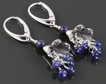 Genuine Sapphire Earrings. Sterling Silver Flowers. Lever Back Ear Wires. September Birthstone. Cluster Earrings. f17e013