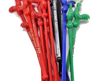 20 Vintage Roosters Swizzle Sticks w/ Advertising, Assorted Colors.
