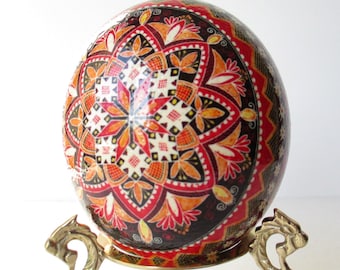 Ostrich egg Pysanka traditional Ukrainian pattern with Red and Orange