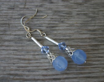 Cornflower Blue Glass Faceted Dangle Earrings, Blue Glass Earrings, Blue and Silver Earrings