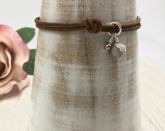 Leather Bracelet - Natural Leather - Impression Jasper - Beaded Bracelet - Boho Bracelet - Knotted Bracelet - Tan Bracelet - Boho - Leather