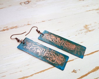 Copper earrings, Boho earrings, Rustic verdigris patina earrings, Etching metal women earrings, Blue bohemian handmade unique jewelry