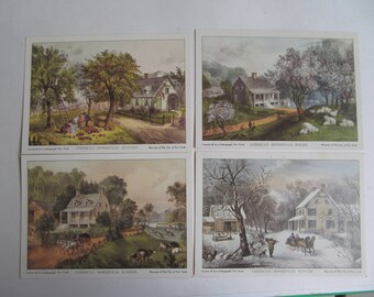Seasonal Lithographs -Currier and Ives - American Homestead - 5 x 7 set of 4 - Vintage Prints