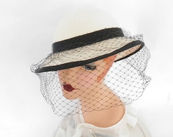 Vintage tilt hat, white, black trim and veil. Importina
