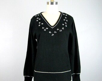 CLEARANCE // Vintage 1950s Orlon Acrylic Sweater 50s Black Knit Pullover by San Angelo Size M