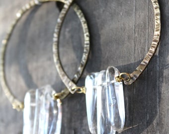 Big Hoop Earrings Raw Crystal Earrings Hammered Brass Hoops