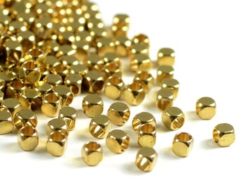 Raw Brass Bead, 3mm, Solid Brass Bead, Rounded Cube, Blunt Cube Spacer, 2.2mm Hole, Lightweight Bead