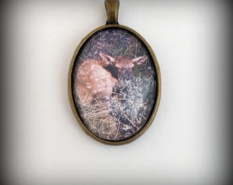 Baby Elk Picture Pendant, fawn, deer, wildlife baby necklace