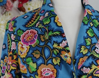 1990s Floral Blazer - Statement Jacket - Bright Bold Blue Cotton Blazer - Pockets - Spring Summer Multicoloured Blazer - Size Medium