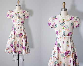 1930s Dress - Vintage 30s Dress - Charming Dotted Swiss Cotton Poppy Print Puff Sleeve Dress XS - Flanders Fields Dress