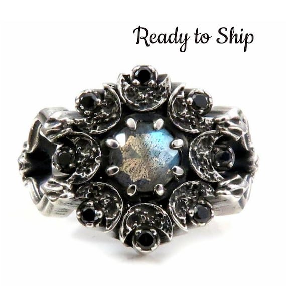 Ready to Ship Size 6-8 - Snake and Moon Labradorite Gothic Engagement Ring with Black and White Diamonds - Memento Mori