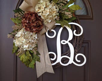 Monogram wreath - Year Round Wreath - All Season Wreath - Hydrangea Wreath - Grapevine Wreath with Initial - Front Door Decor - Porch Decor