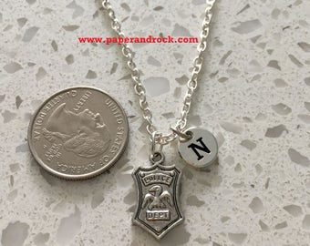 KIDS SIZE - Police badge initial necklace, police jewelry, silver police necklace, police wife necklace, police badge jewelry, silver police