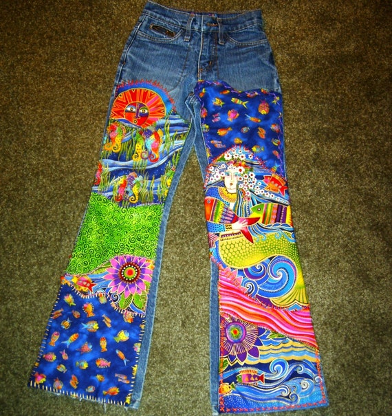 Items similar to Mermaid Patchwork Jeans - Funky Decoupage Denim ...