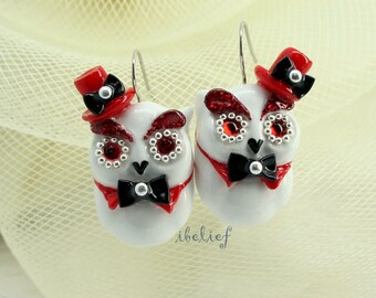 OWL NIGHT of handmade is owl white tuxedo earrings EW0009