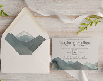 Rustic Mountain Watercolor Wedding Invitation Suite, Custom, Envelope Liner, Made To Order | Deposit