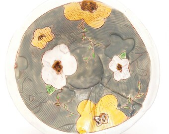 Small Floral Earthenware slab built 6.5" bowl / dish. Hand built, food safe, made by Kaitlyn Brennan/ Brennan pottery. Perfect for desert.