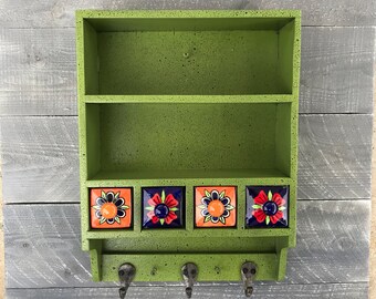 Apothecary Cabinet Hand Painted Eden Green Over Dark Walnut with 4 Ceramic Herb Drawers Wall Mount Storage Shelf, Item #597649078