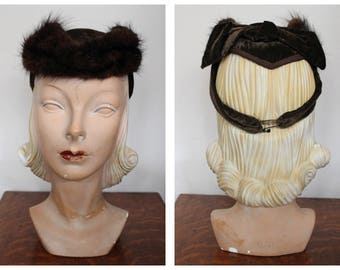 1940s Hat // Fur & Velvet Tilt Hat // vintage 40s hat