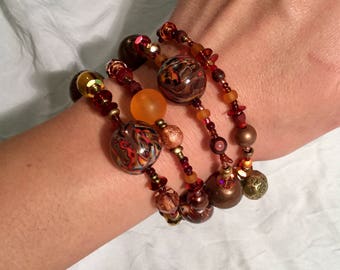 MULTISTRAND bronze/red/orange, varous pearls, Bohemian bracelet.