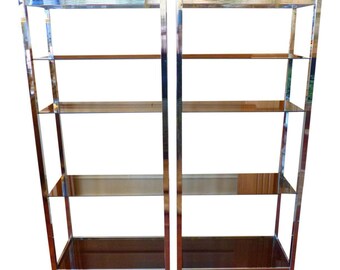 Mid Century Modern Chrome and Smoked Glass Shelves - Pair
