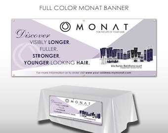 Monat Horizontal Banner with Grommets - White with Purple Design -PRINTED and SHIPPED directly to YOU!