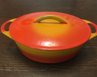 Mid Century Cousances Pot #9 Vintage France Made With Lid Flame Orange Cast Iron Enamel Flame Orange Oval Dutch Oven Vintage