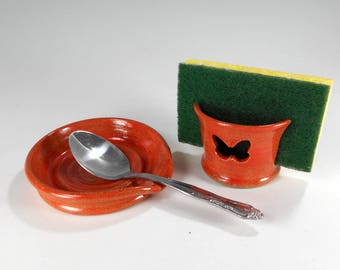 Ceramic spoon rest sponge holder set, pottery spoon rest, stoneware spoonrest, pottery sponge holder, spoon rest, ceramic sponge holder