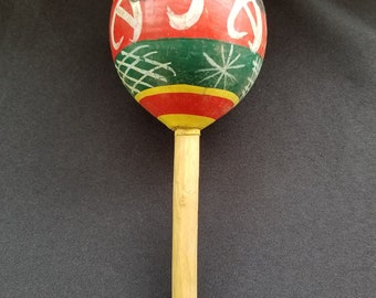 Vintage Hand Carved Maraca / Shaker Hand Painted Mexico 9" Long
