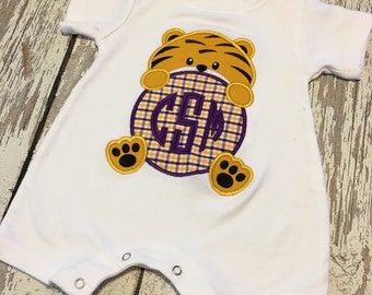 Tiger baby romper, Tigers Purple and Gold boys romper, tigers boy shirt, Tigers purple gold baby outfit