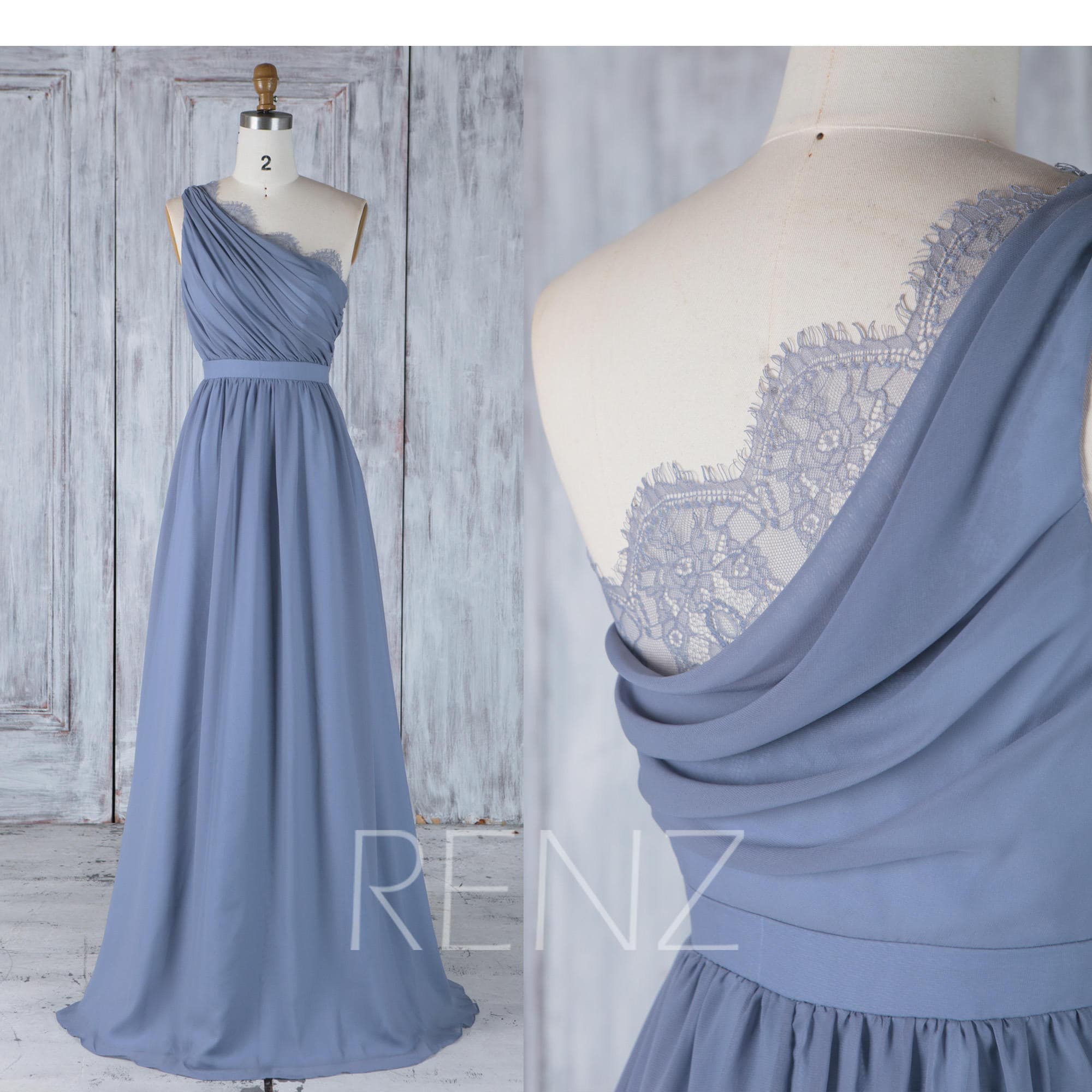  Bridesmaid  Dress  Steel  Blue  Chiffon Wedding  DressLace Splice