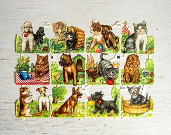 EAS German Paper Scrap Dogs Cats Puppies Kittens | Poodle Shepherd Tabby Cat Scotty Dog | Cut Scrap | Embossed Diecut Scrap | EAS 3138