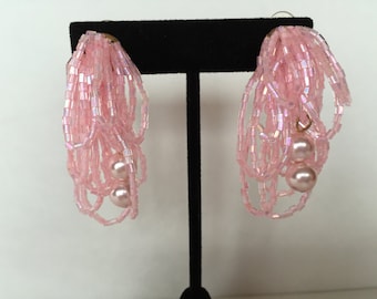 Vintage Clip Earrings Pastel Pink Seed Bead Loops and Pearls Dangle