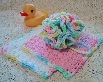 Baby Bath Set - 3 Piece Set - Bath Puff and 2 Wash Cloths - Nice Baby Shower Gift - Handmade Crocheted with Cotton Yarn