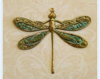 dragonfly pendant, charm, hand painted brass, stamping, finding