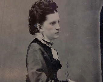 Antique Tin Type late 1800s Woman Photo Black and White