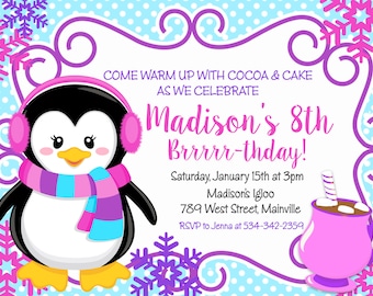 Penguin Birthday Invitation, Girl Winter Onederland Party, Cocoa - Digital or Printed