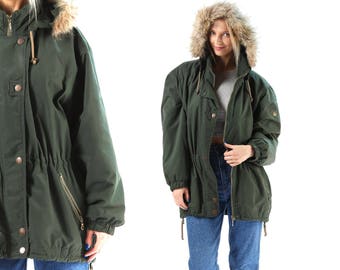 Parka Puffa Jacket 80s Fox Fur Trimmed Hooded Green Windbreaker Anorak Jacket Drawstring Insulated Outerwear Coat Pockets Large SKU 5854