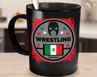 Wrestling Coffee Mug 15oz Black Ceramic Cup - Mexico, Masked Wrestling, Wrestling Mug, Gift for Wrestlers, Luchador, Lucha Libre Wrestling