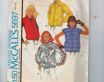 1970s Vintage Sewing Pattern McCalls 5697 Misses Unlined Jacket Vest Hood Windbreaker Medium Size 14 16 Bust 36 38 1977 70s