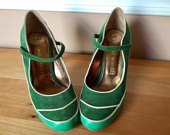 Retro Max Monelli green suede leather Mary Jane heels Made in Italy