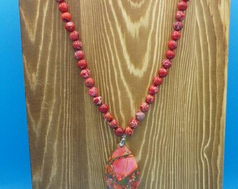 Handmade Red Sea Sediment Jasper beaded necklace with Sea Sediment Jasper pendant.