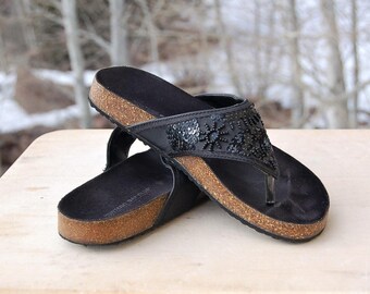 Black Cork Bottom Sequin Sandals Montego Bay Size 7