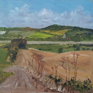 Footpath to River - framed plein air landscape oil painting made on location in Kent, UK using artist quality oils on MDF brushwork