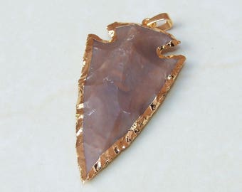 Natural Jasper Arrowhead Pendant. Arrow Pendant - Arrow Jasper Slab Bead - Jasper Pendant - Gold Plated Edge and Bail - 31mm x 59mm - 8379