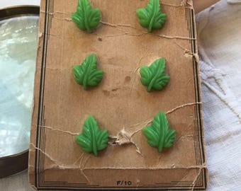 Vintage Card of 6 Vintage Leaf Buttons. Green. Latest Style.