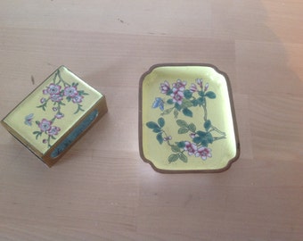 Vintage Chinese emanel on copper match holder and ash tray