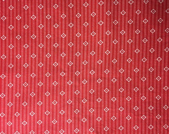 Fabric Remnant - Red cotton fabric with dotted stripes and white triangles
